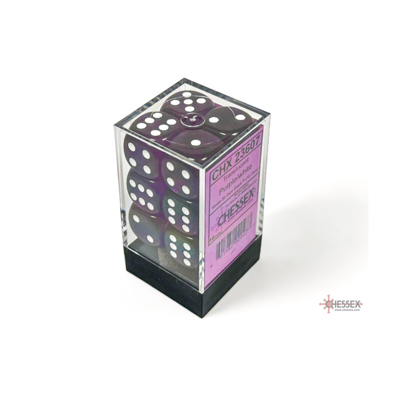 Translucent Purple/white 16mm d6 Dice Block (12 dice)