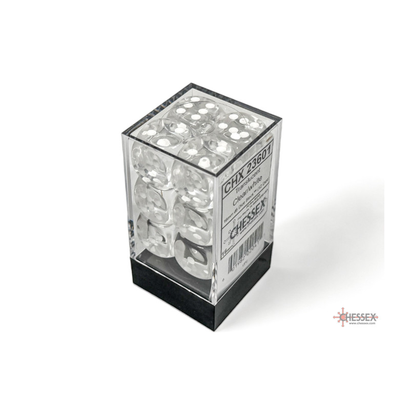 Translucent Clear/white 16mm d6 Dice Block (12 dice)