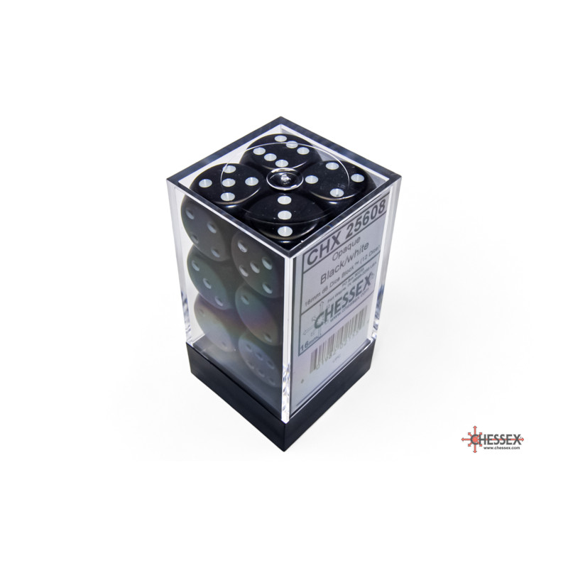 Opaque Black/white 16mm d6 Dice Block (12 dice)