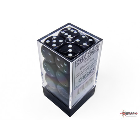 Opaque Black/white 16mm d6 Dice Block (12 dice)