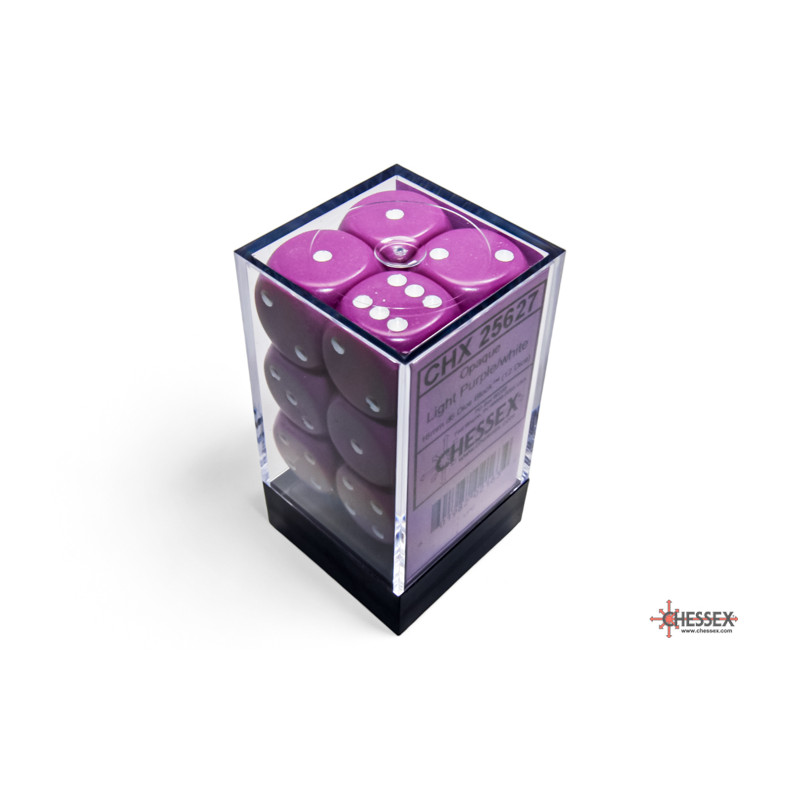 Opaque Light Purple/white 16mm d6 Dice Block (12 dice)