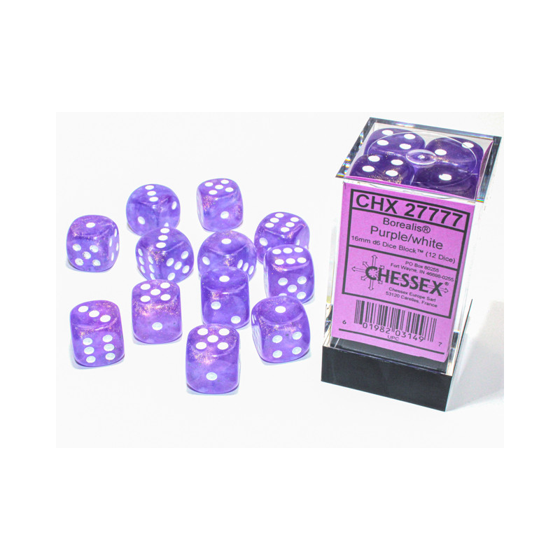 Borealis Purple/white Luminary 16mm d6 Dice Block (12 dice)