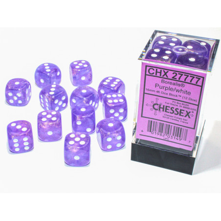 Borealis Purple/white Luminary 16mm d6 Dice Block (12 dice)