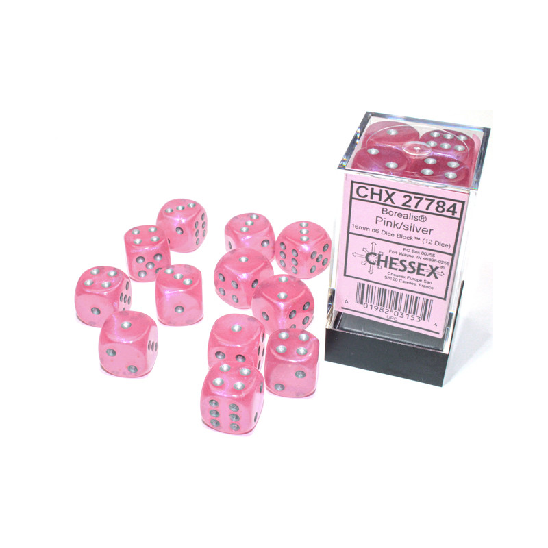 Borealis Pink/silver Luminary 16mm d6 Dice Block (12 dice)