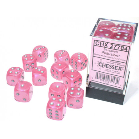 Borealis Pink/silver Luminary 16mm d6 Dice Block (12 dice)