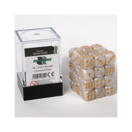 Blackfire Dice Cube - 12mm D6 36 Dice Set - Marbled White/Gold