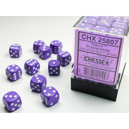 Opaque Purple/white 12mm d6 Dice Block (36 dice)