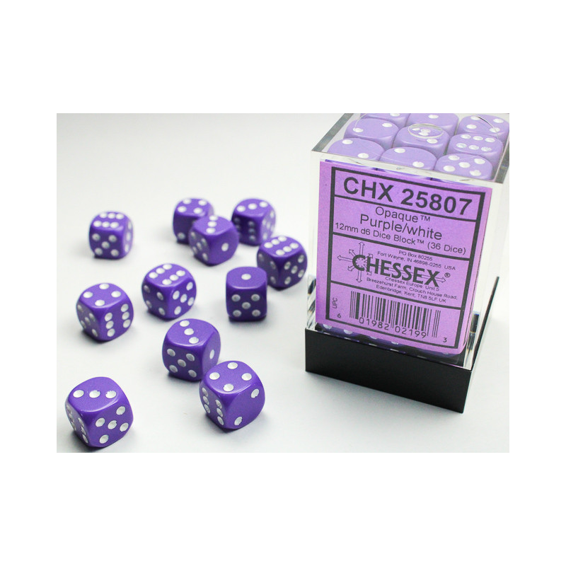 Opaque Purple/white 12mm d6 Dice Block (36 dice)