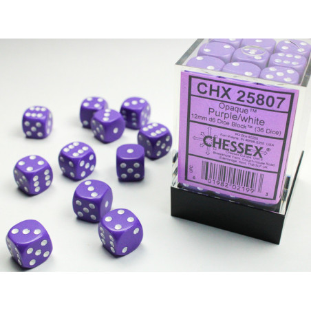 Opaque Purple/white 12mm d6 Dice Block (36 dice)